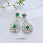 92.5 Sterling Silver Crystal Polki large dewdrop chandeliers - Silver, Green