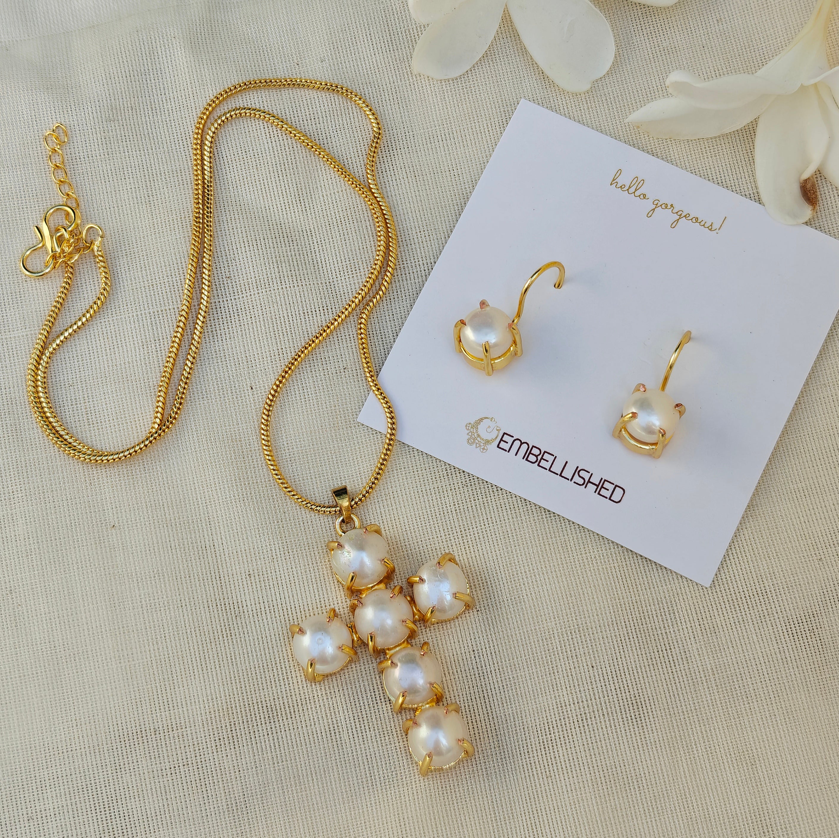 Cross Pearl Pendant Necklace Set