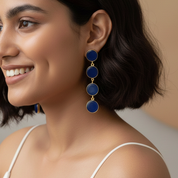 Glass button rope earrings - ink blue