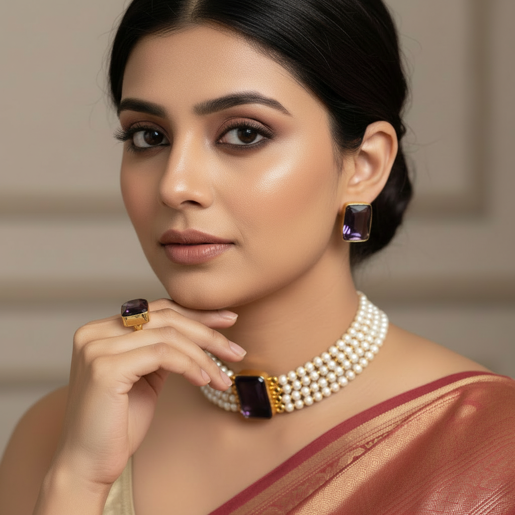 Minimal layered pearls choker set - purple