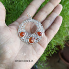 92.5 Sterling Silver Crystal Polki large round danglers - Silver, Orange