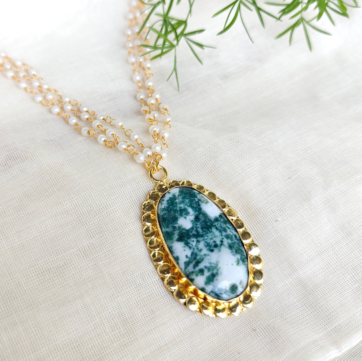 Pearl Layered Necklace with Natural Stone Pendant