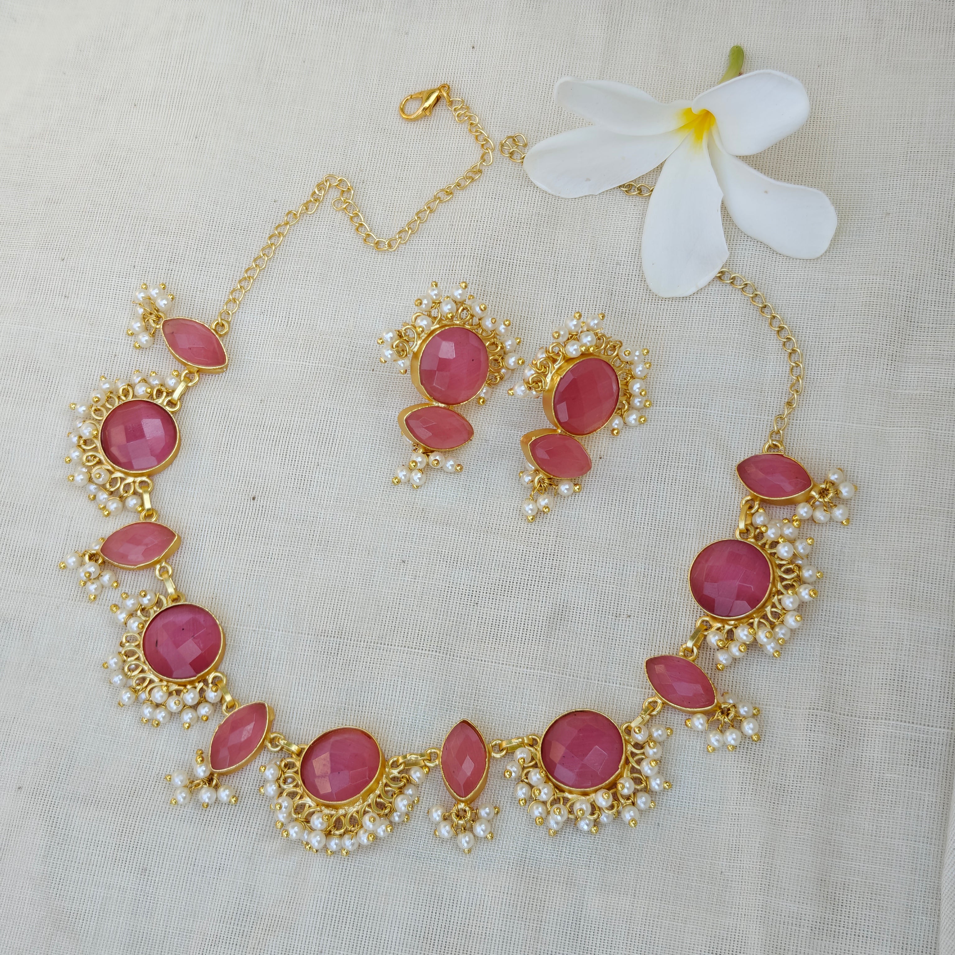 Pink Blushing Petals Pearl Necklace set