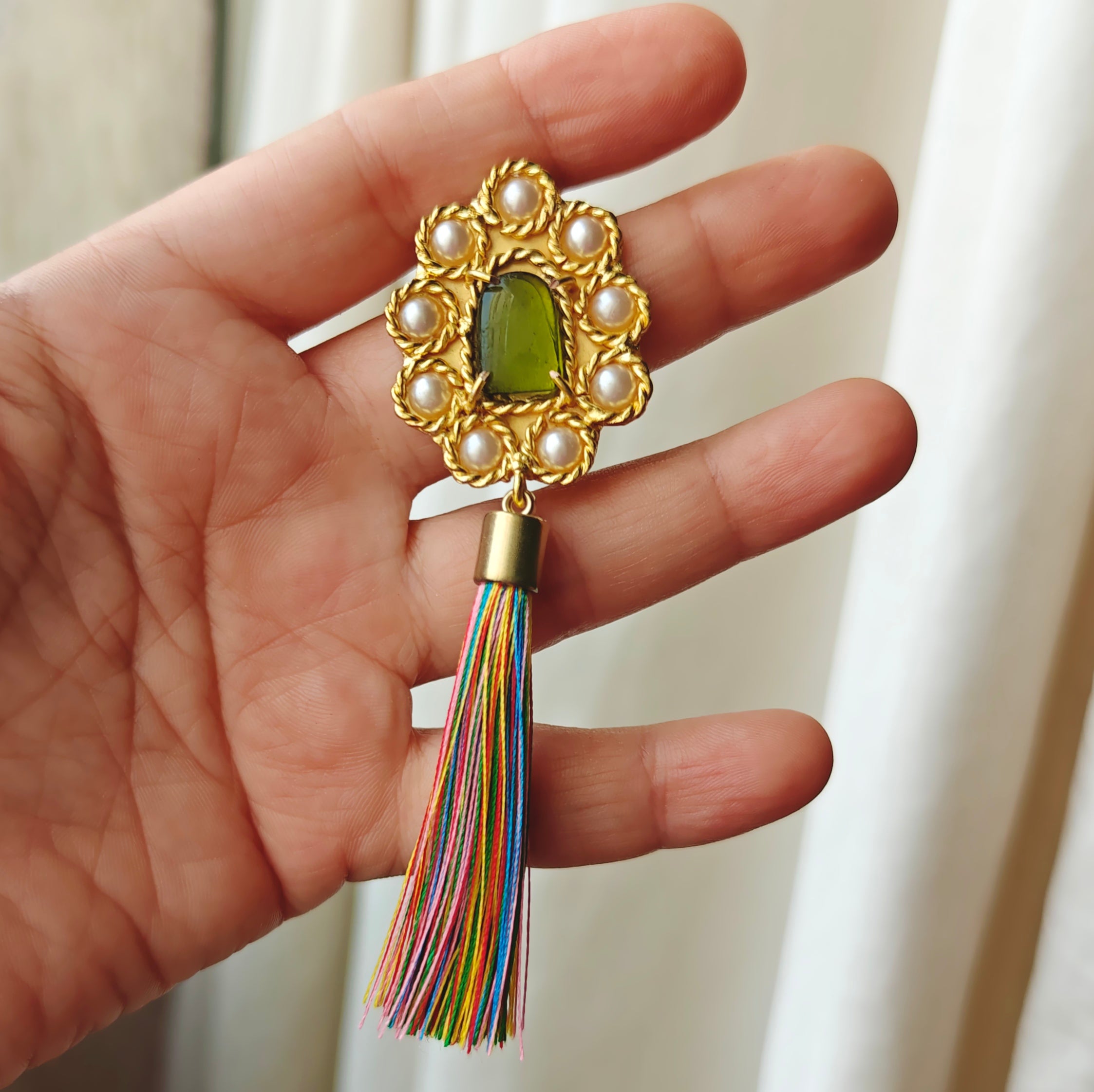 Large Bohemian studded earrings with thread tassels