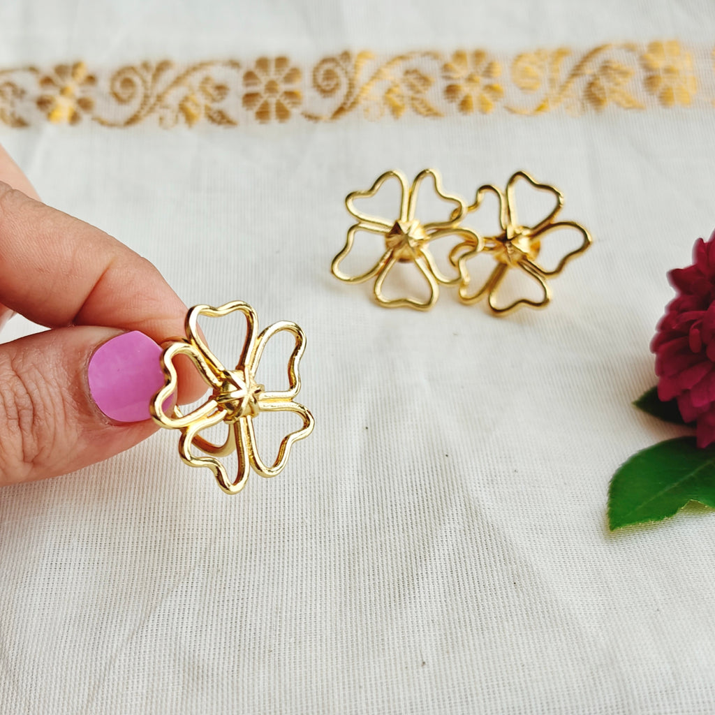 Heart-Petal Studs with Finger Ring