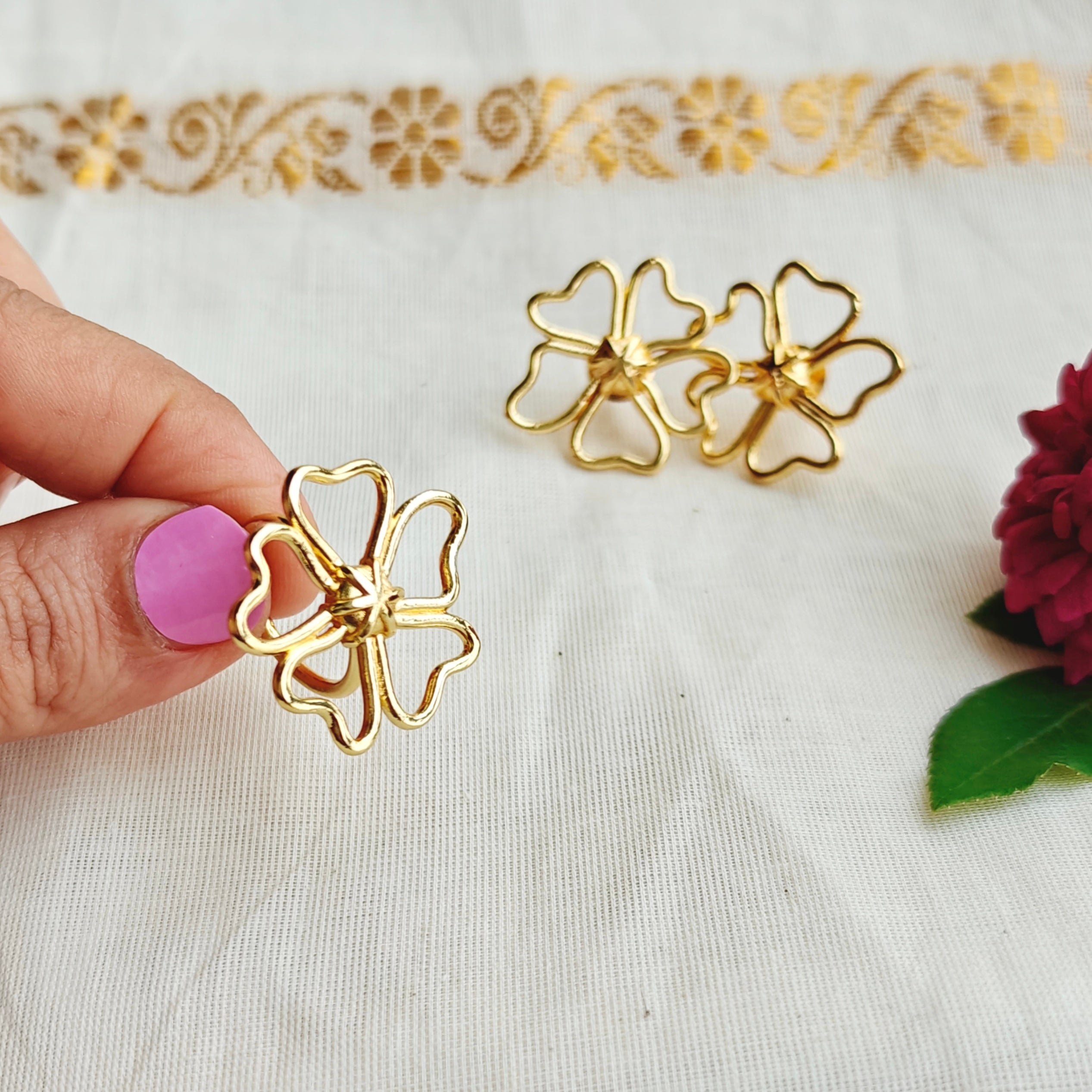 Heart-Petal Studs with Finger Ring
