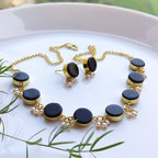 Button choker set with pearl hangings - black