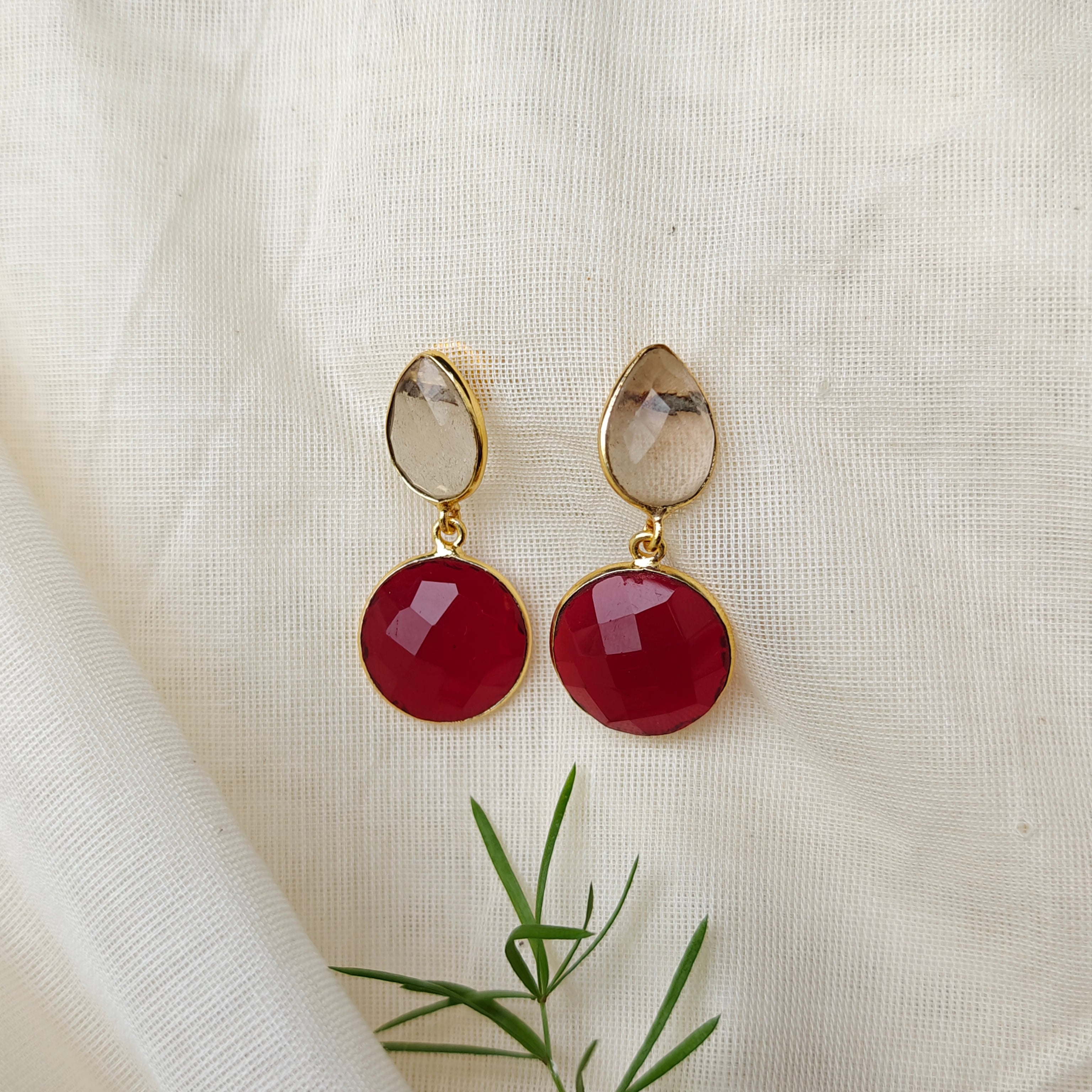 Two Stones Drop Earrings - crystal red