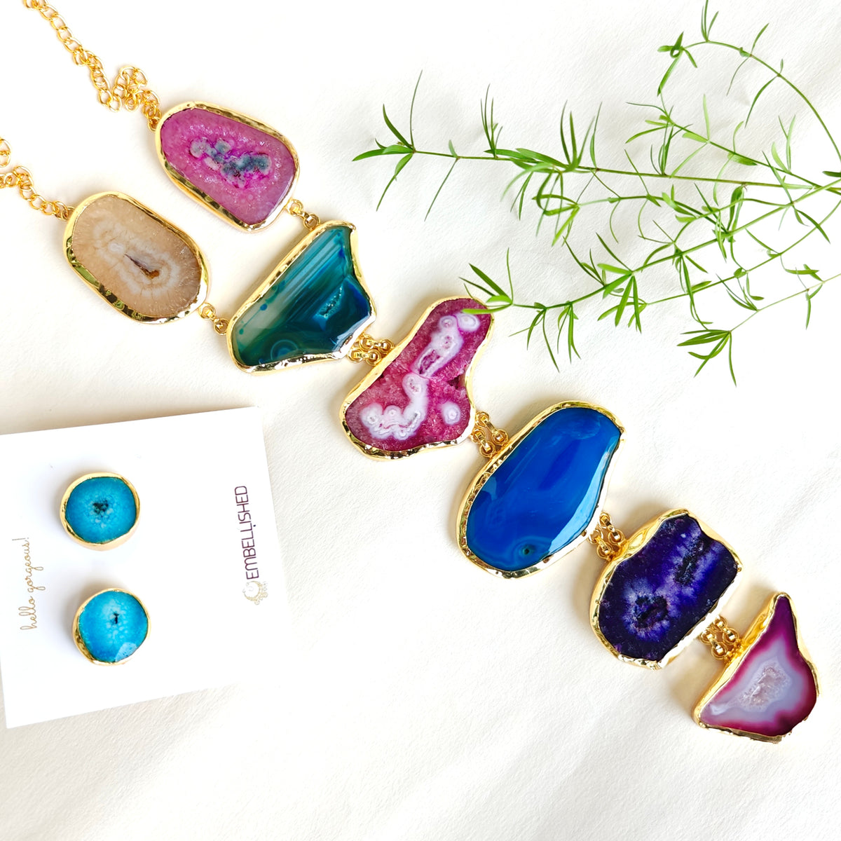 Multi-colored Geode Cascade Tie necklace set