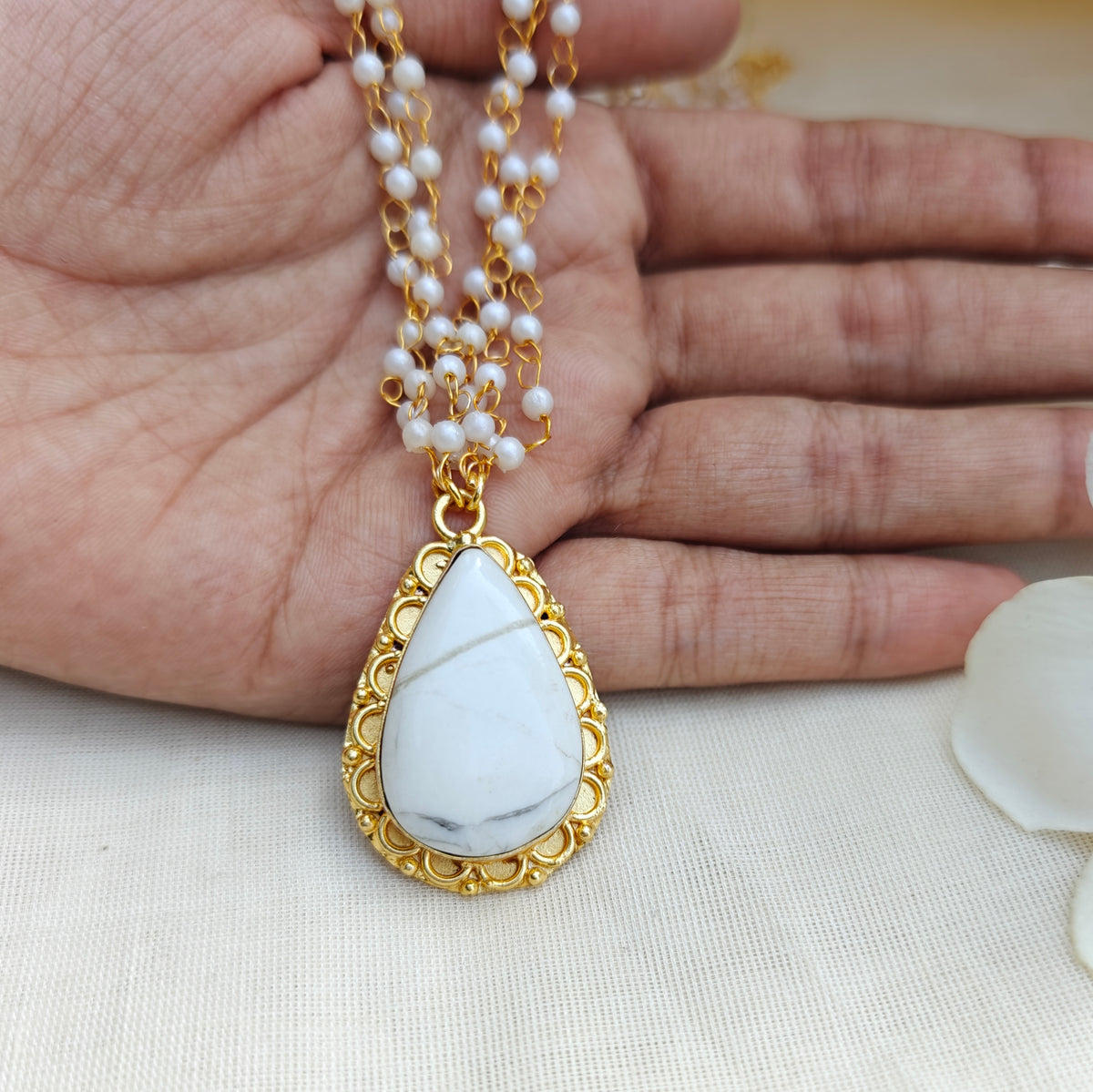 Pearl Layered Necklace with Natural Stone Pendant