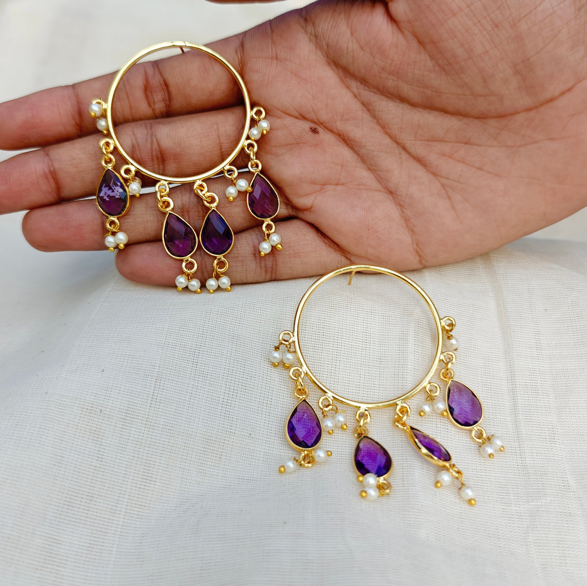 Purple Pearl Cascade Hoop Earrings