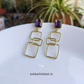 Interlinked purple and gold squares drop earrings
