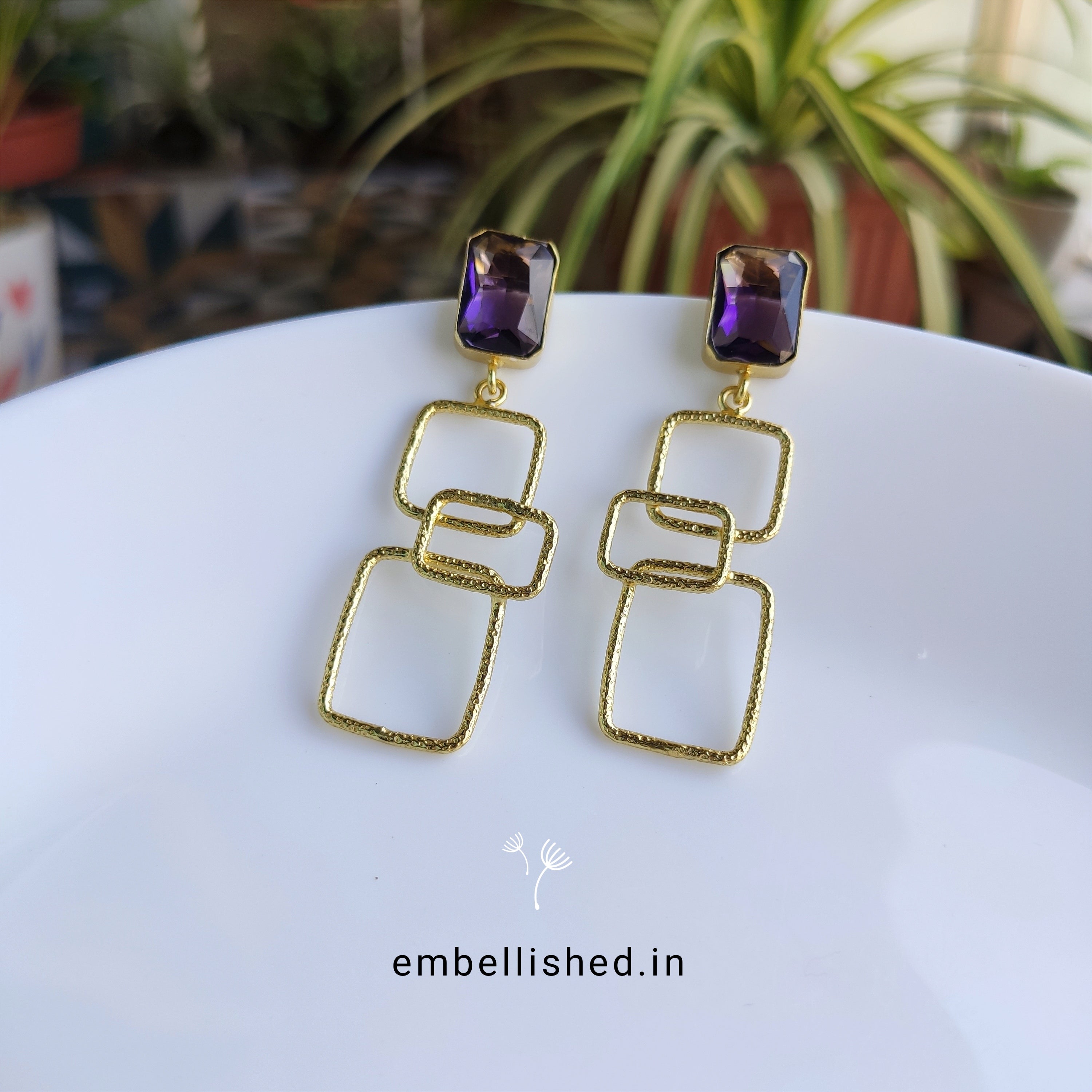 Interlinked purple and gold squares drop earrings
