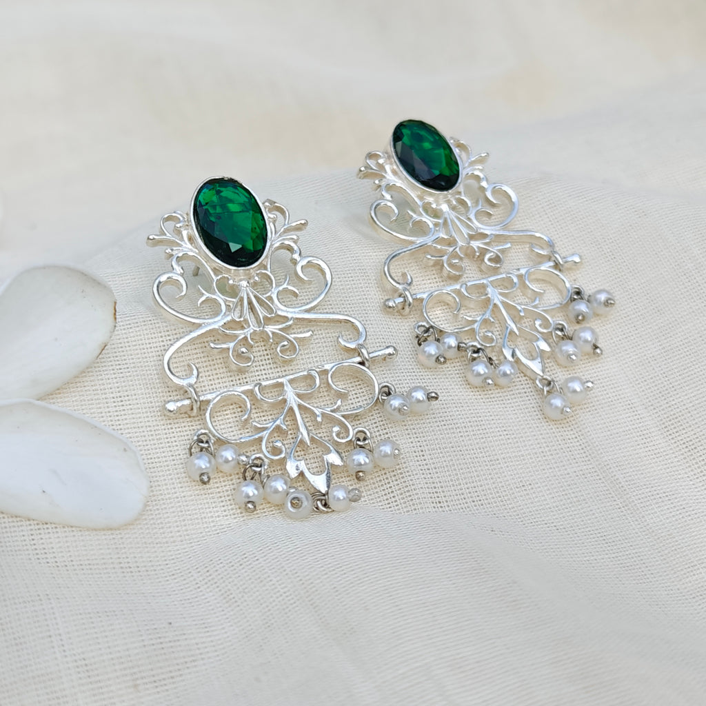 Emerald Filigree Silver Chandelier Earrings