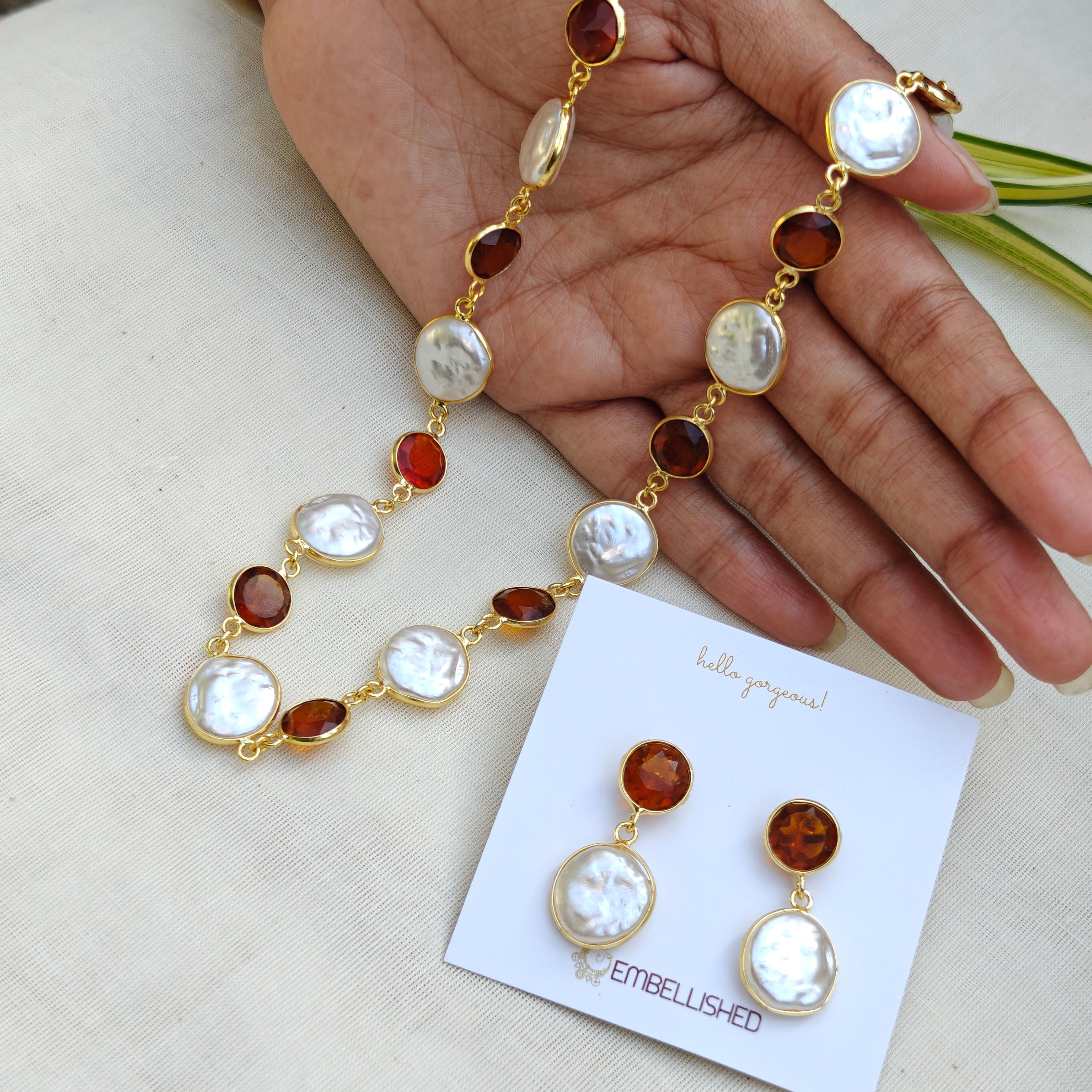 Caramel beads and Coin Pearls Lariat necklace set