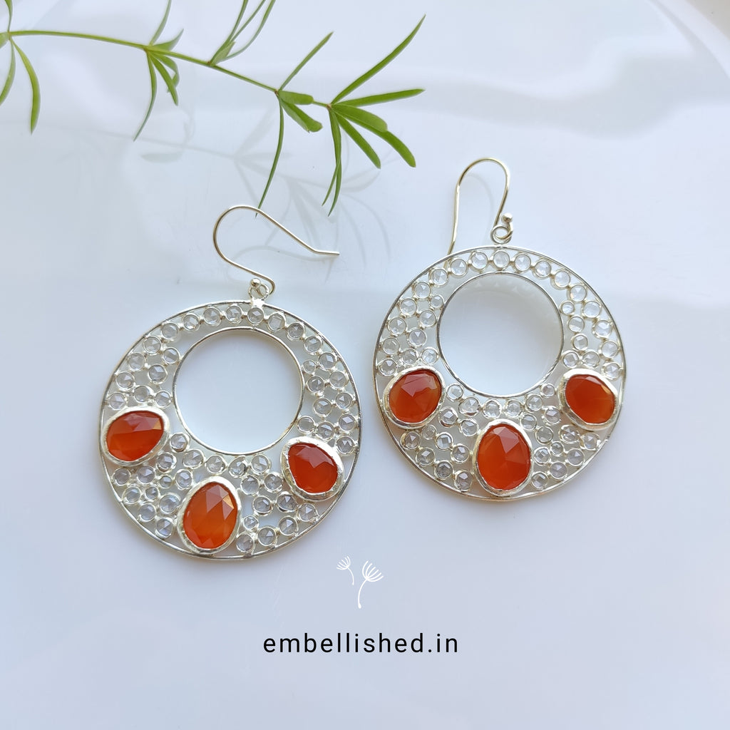 92.5 Sterling Silver Crystal Polki large round danglers - Silver, Orange
