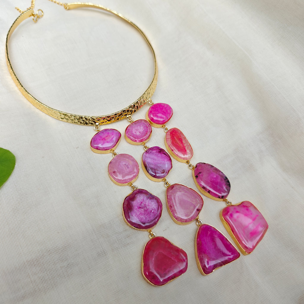 Pink Agate Slice Cascade Collar Necklace