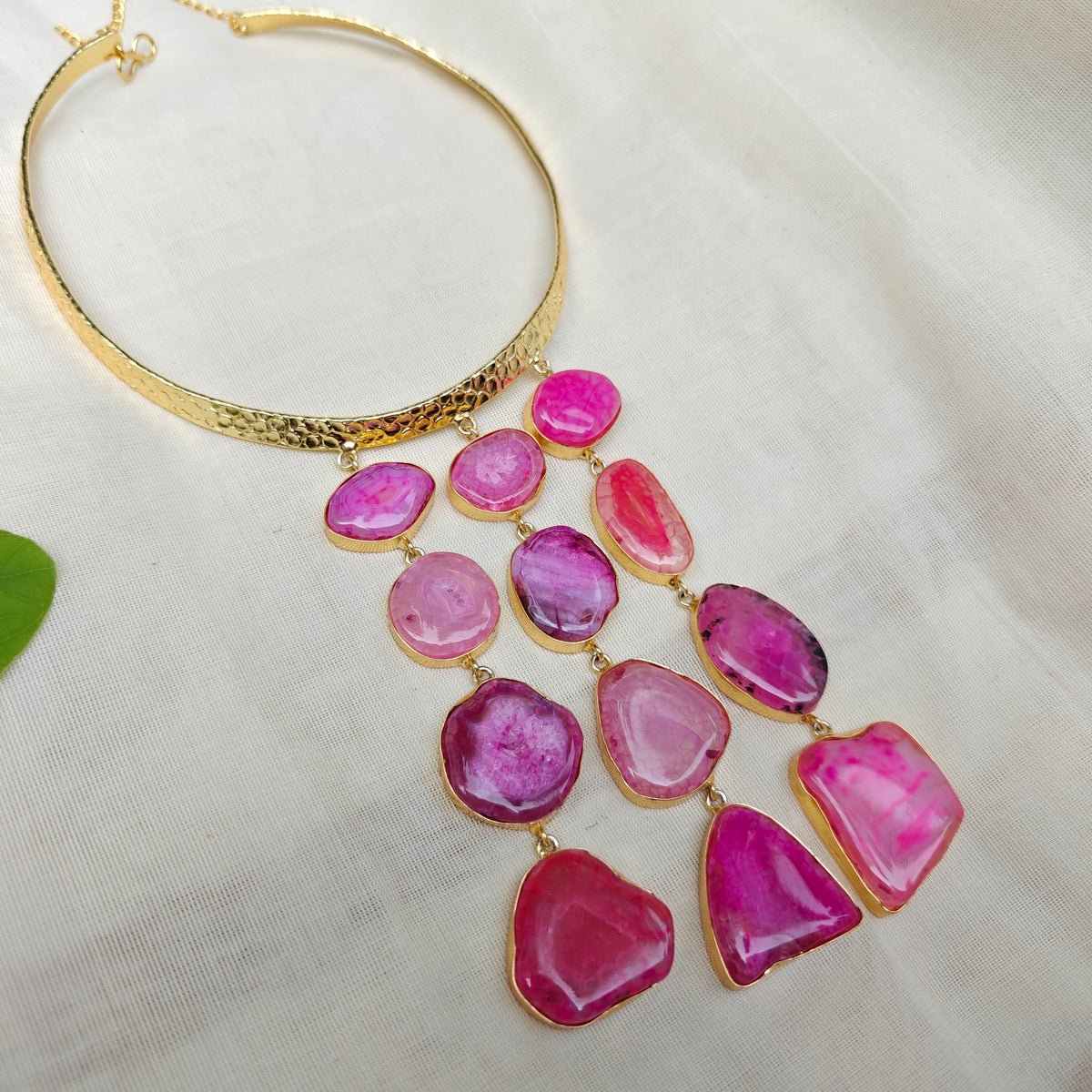 Pink Agate Slice Cascade Collar Necklace