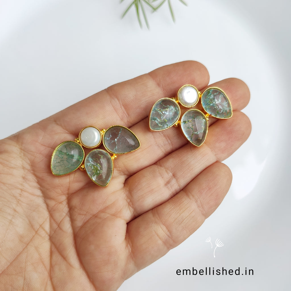 Frosted glass and pearl half flower studs