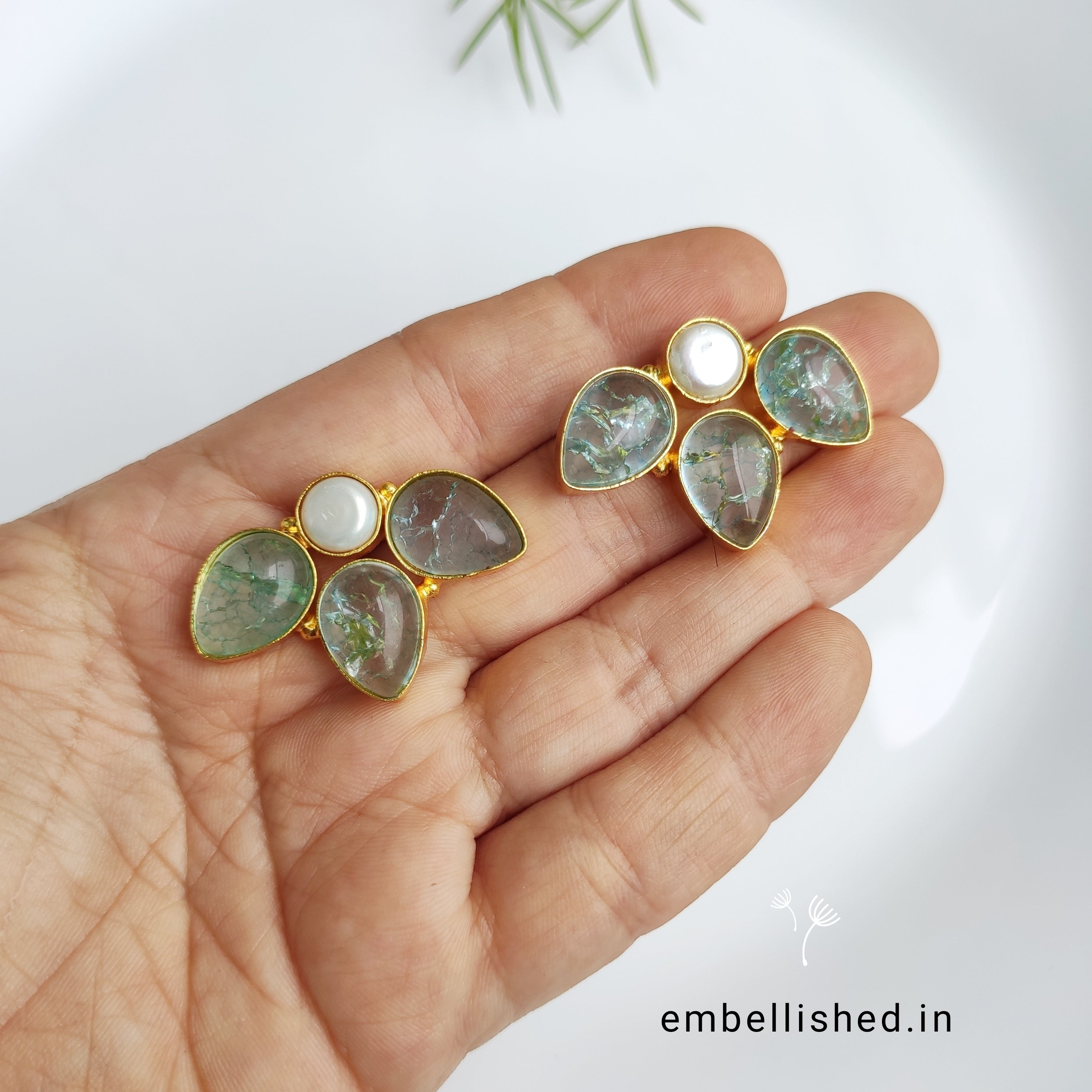 Frosted glass and pearl half flower studs