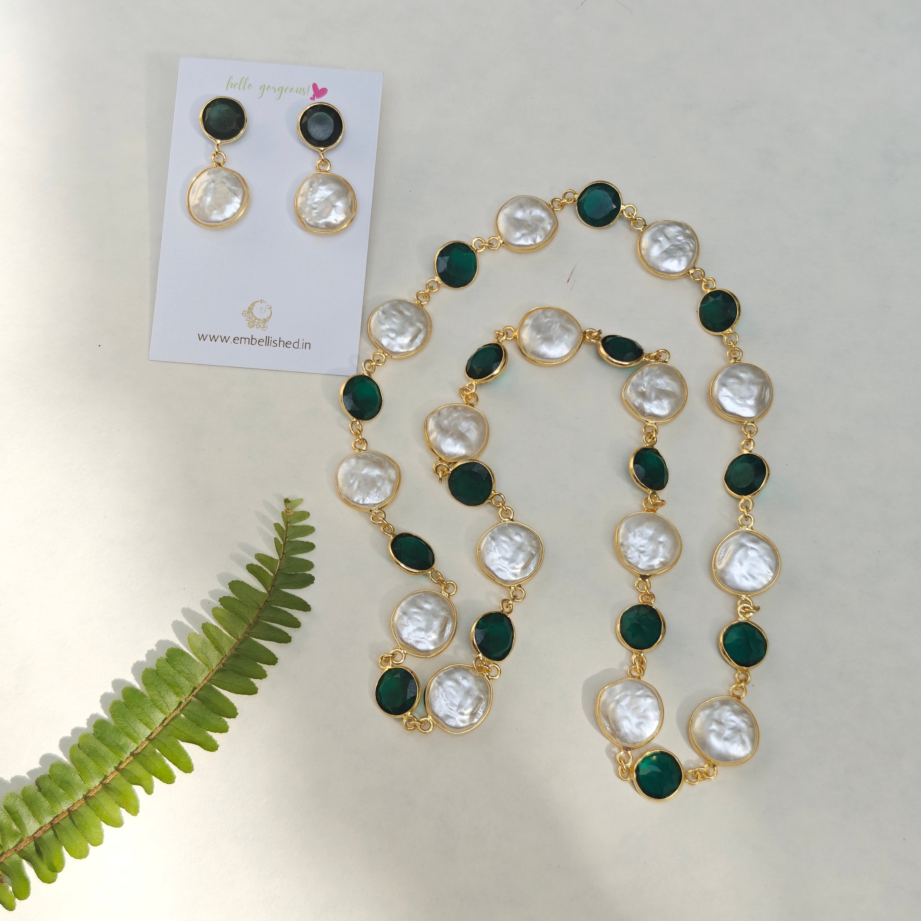 Emerald beads and Coin Pearls Lariat necklace set