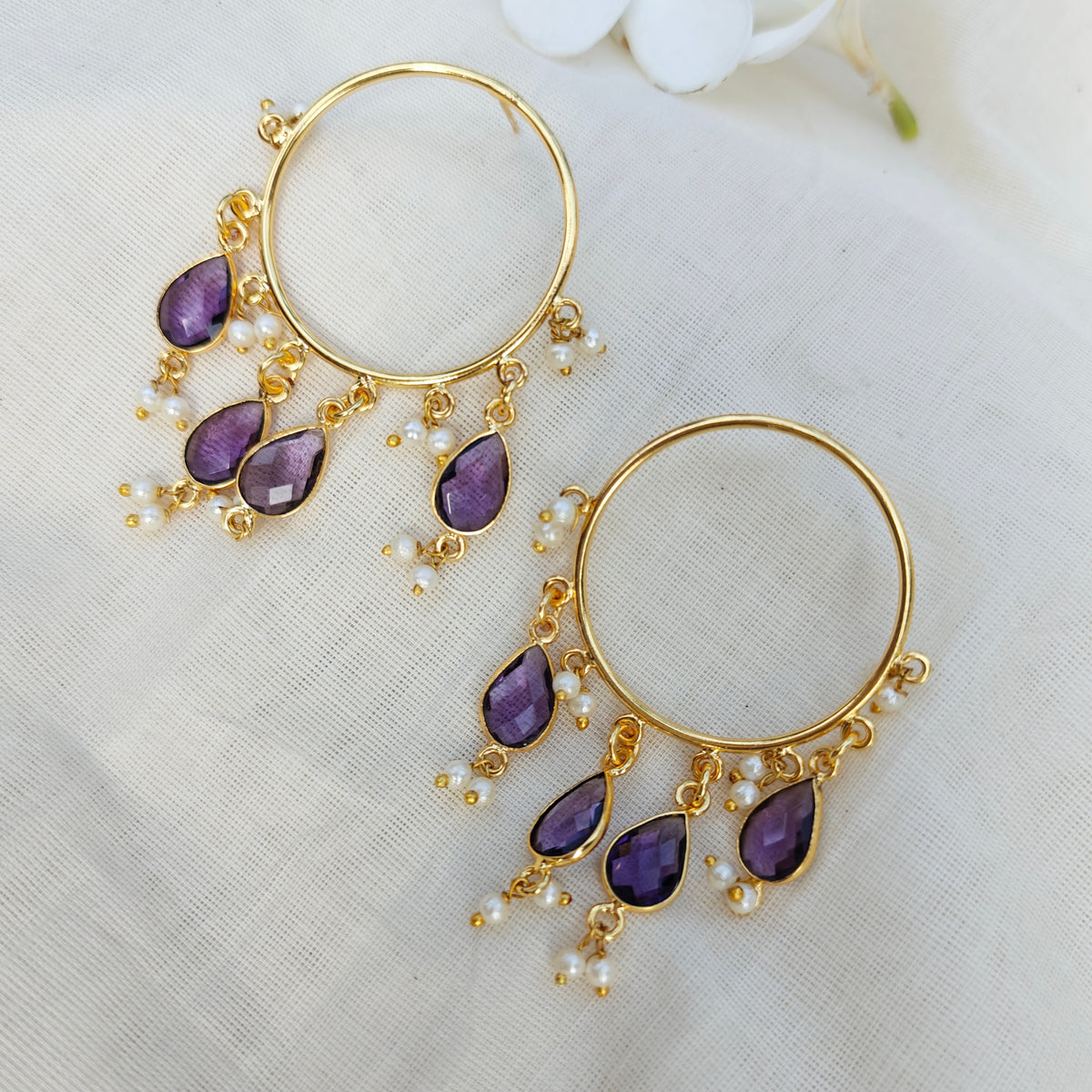 Purple Pearl Cascade Hoop Earrings