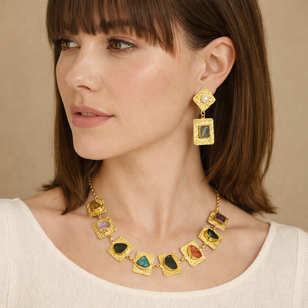 Bohemian Textured Raw Stone necklace set