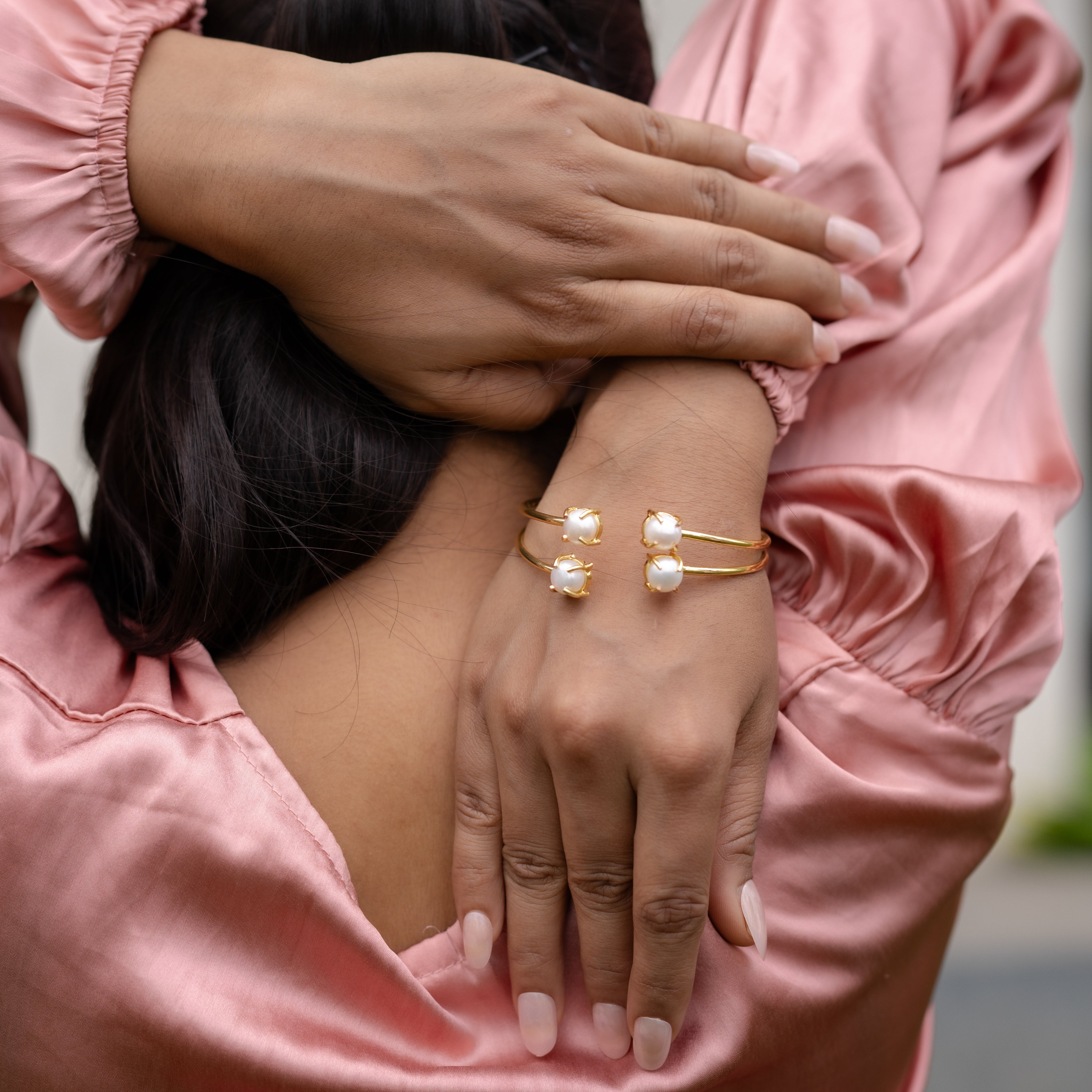 Twin Pearl Bloom Open Bangle