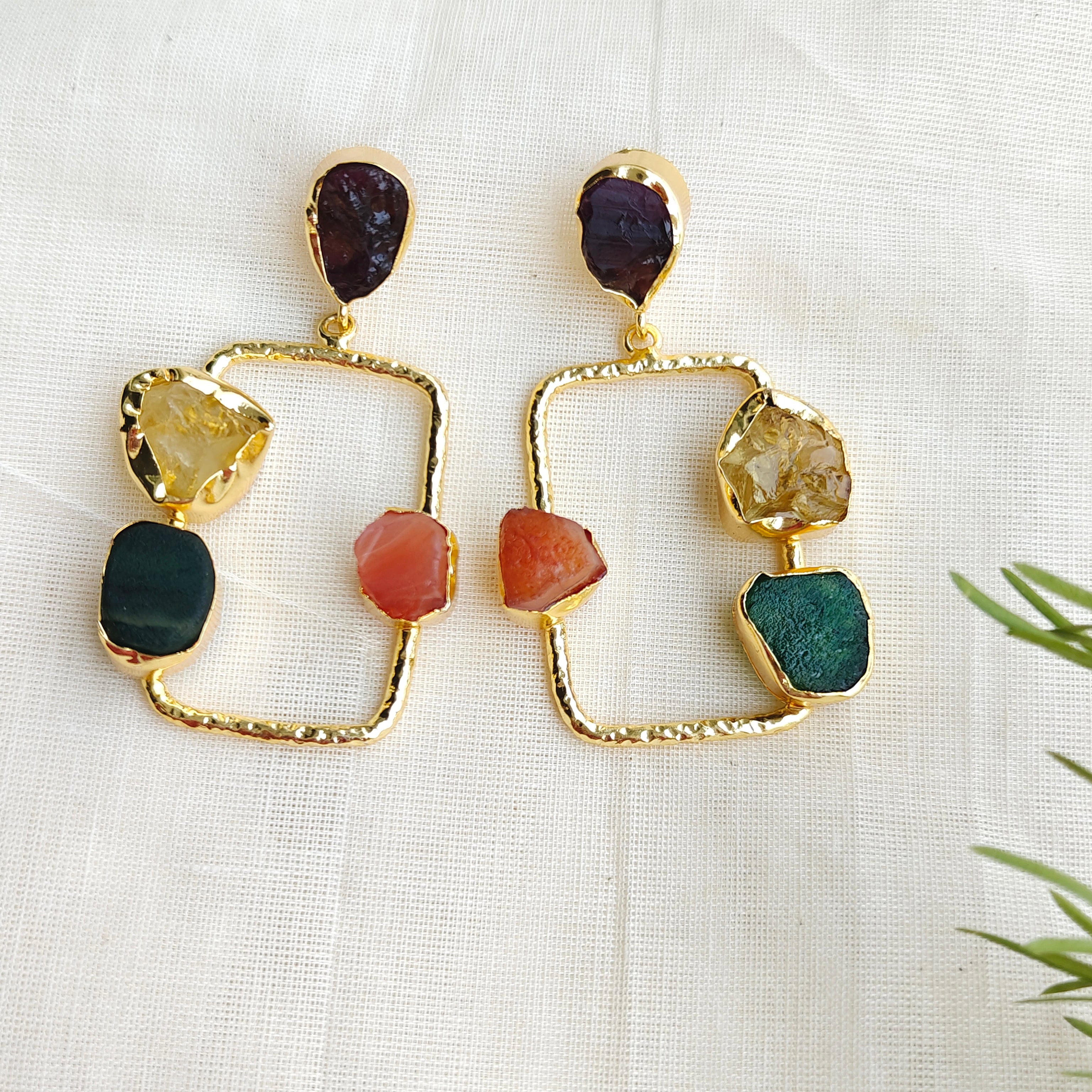 Raw Stone & Gold Hammered Rectangular Drop Earrings