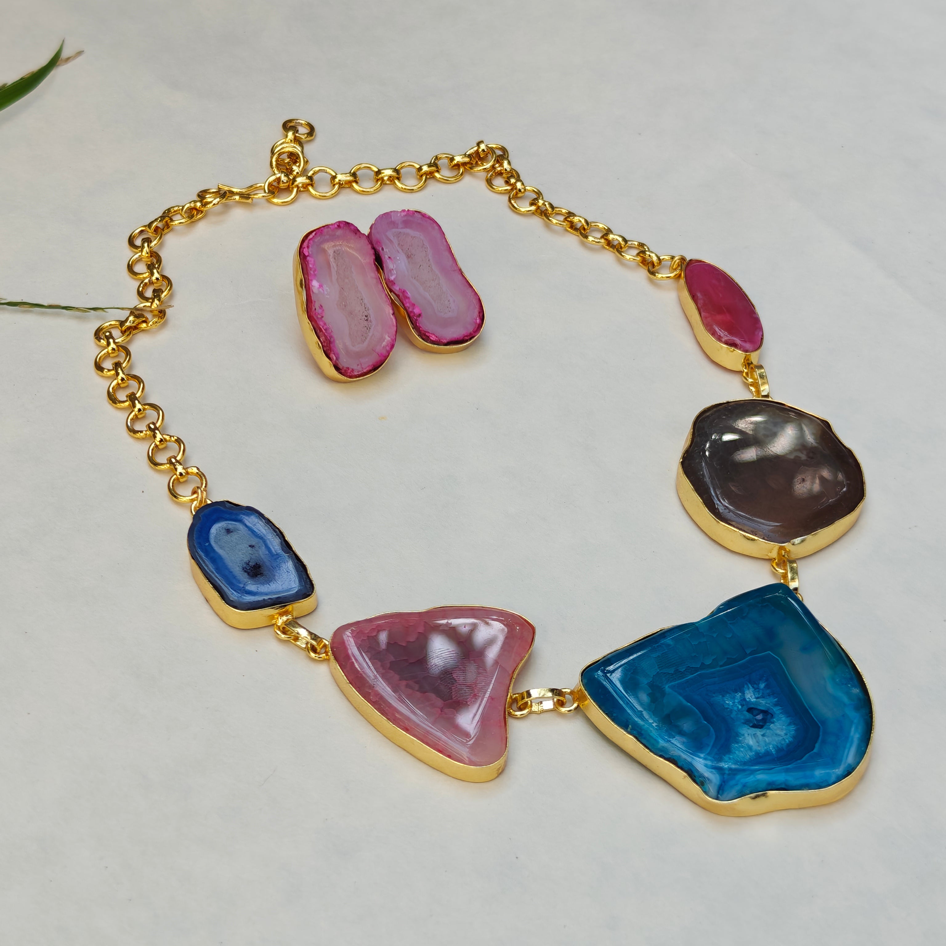 Agate Slice Necklace set - blue