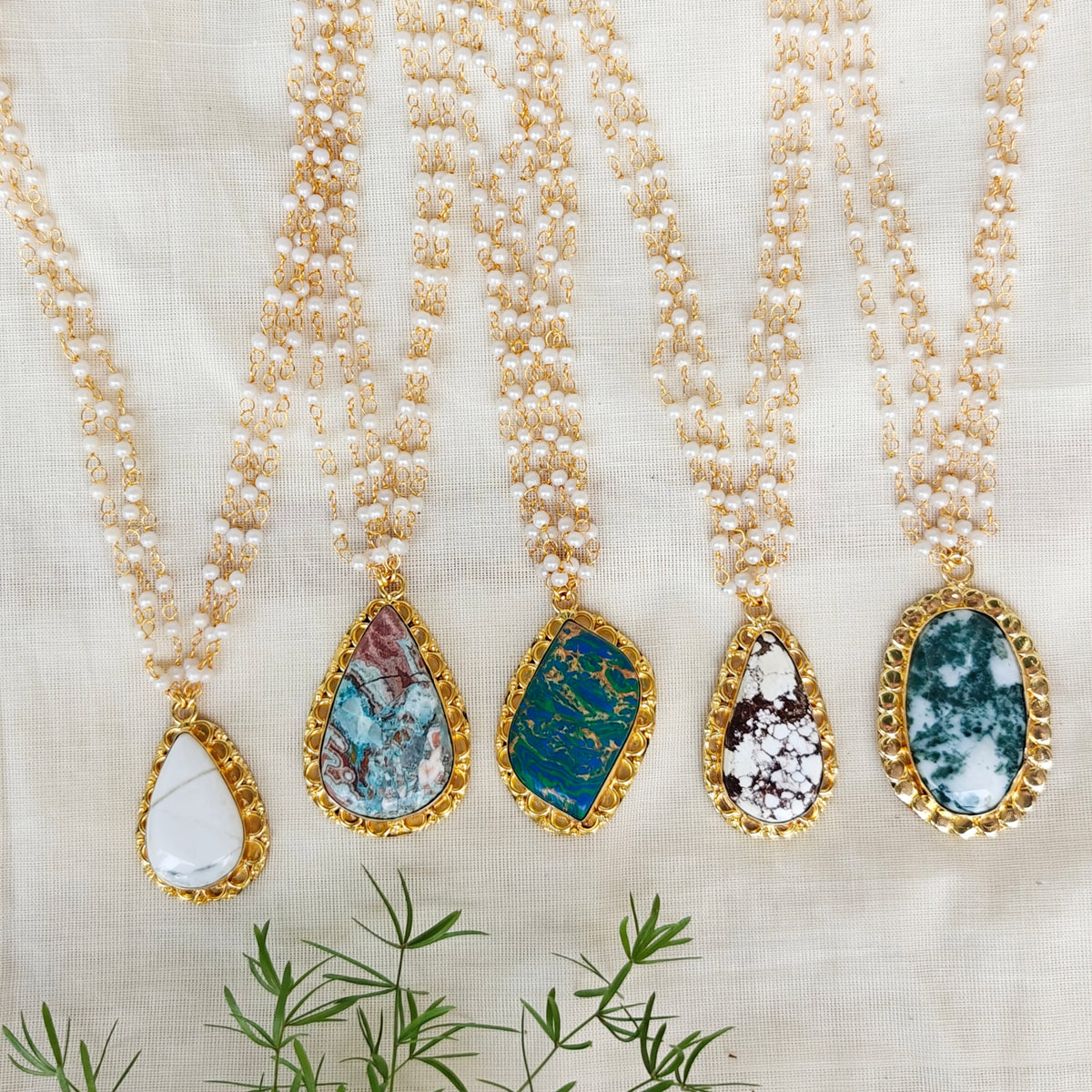 Pearl Layered Necklace with Natural Stone Pendant