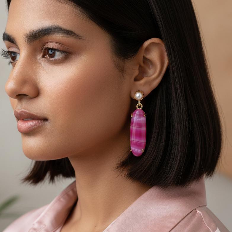 Chalcedony candy drop earrings with pearl - hot pink