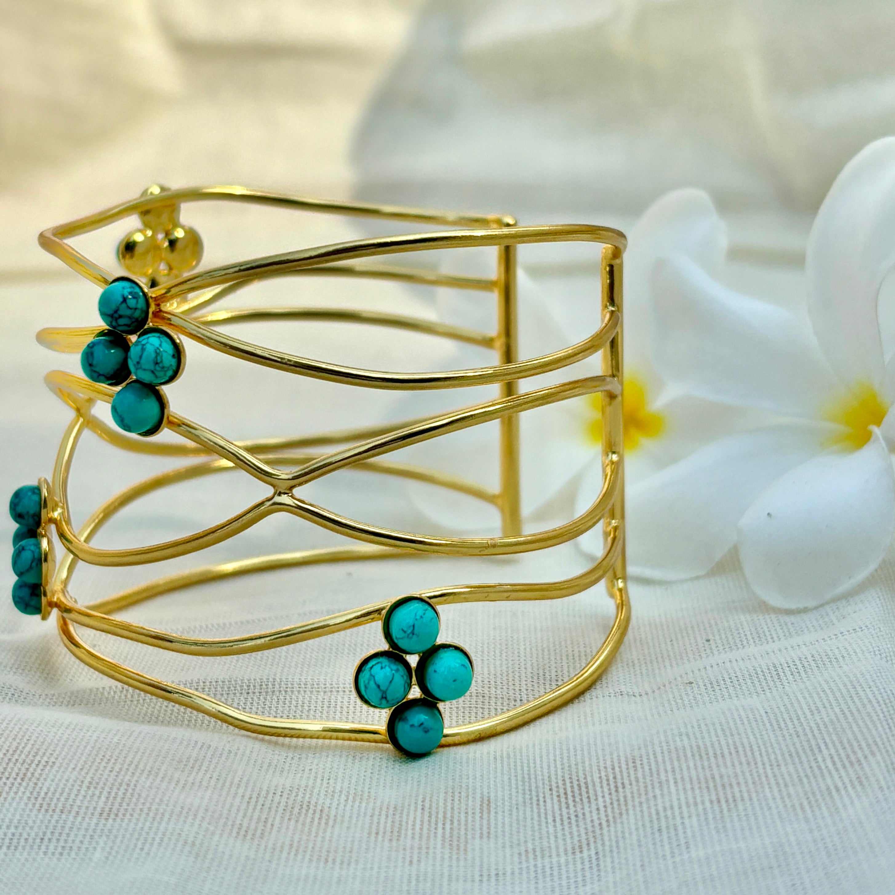 Turquoise Cluster Gold Cuff Bracelet