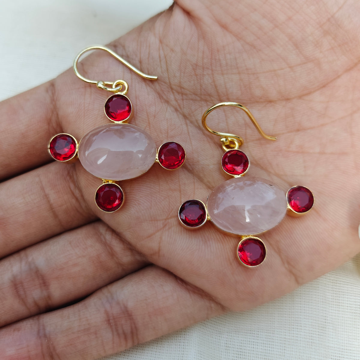 Rose Quartz & Red Stone Cross Drop Earrings