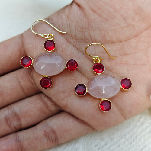 Rose Quartz & Red Stone Cross Drop Earrings