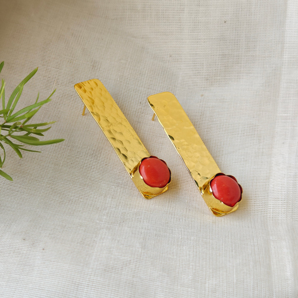 Hammered Bar Earrings with Crimson Stone