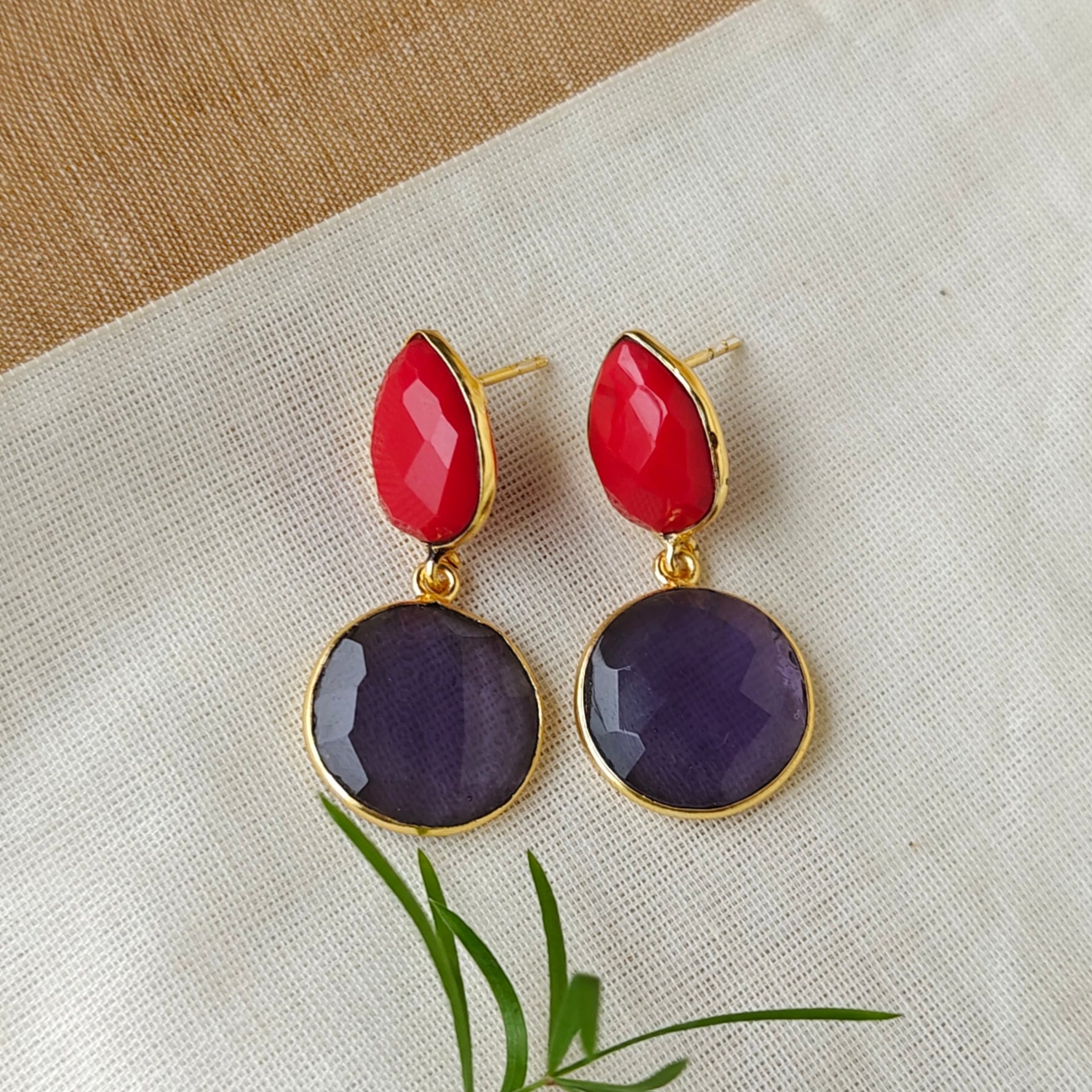Two Stones Drop Earrings - red lavender