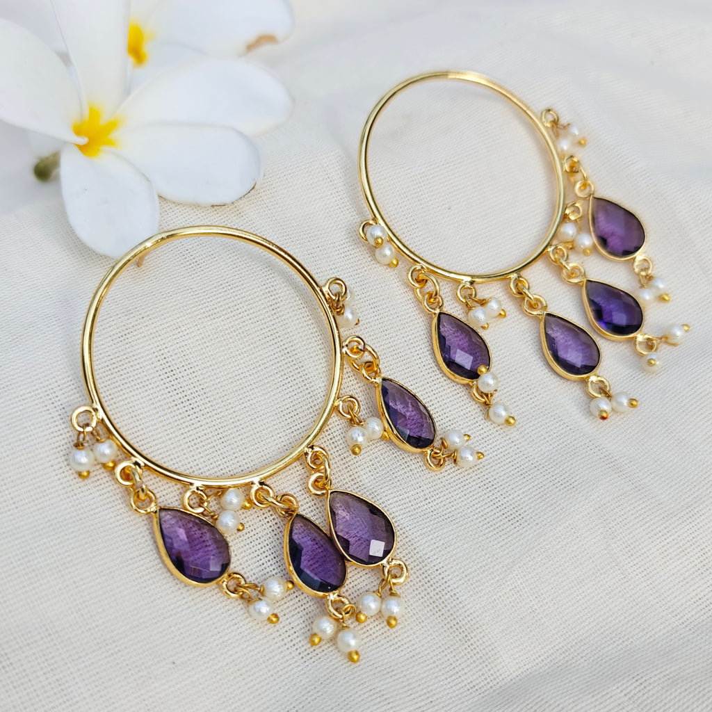 Purple Pearl Cascade Hoop Earrings