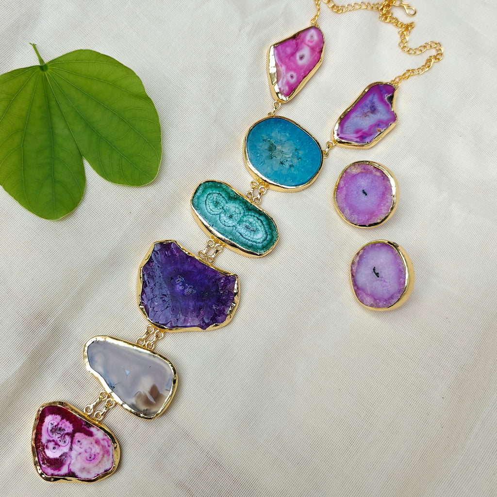 Multi-colored Geode Cascade Tie necklace set