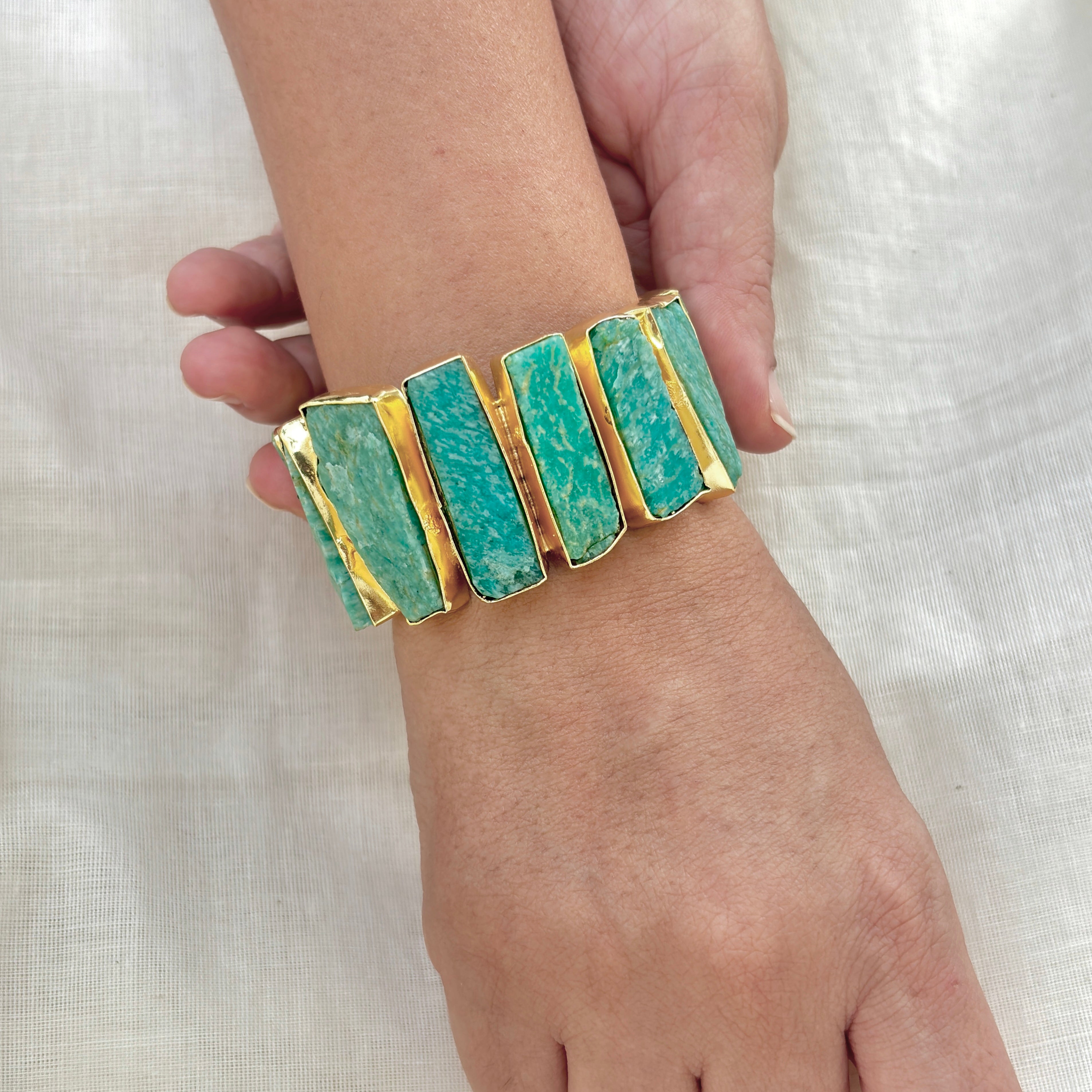 Amazonite Edge Stone Gold Cuff Bracelet