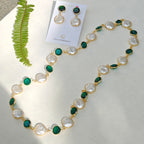 Emerald beads and Coin Pearls Lariat necklace set
