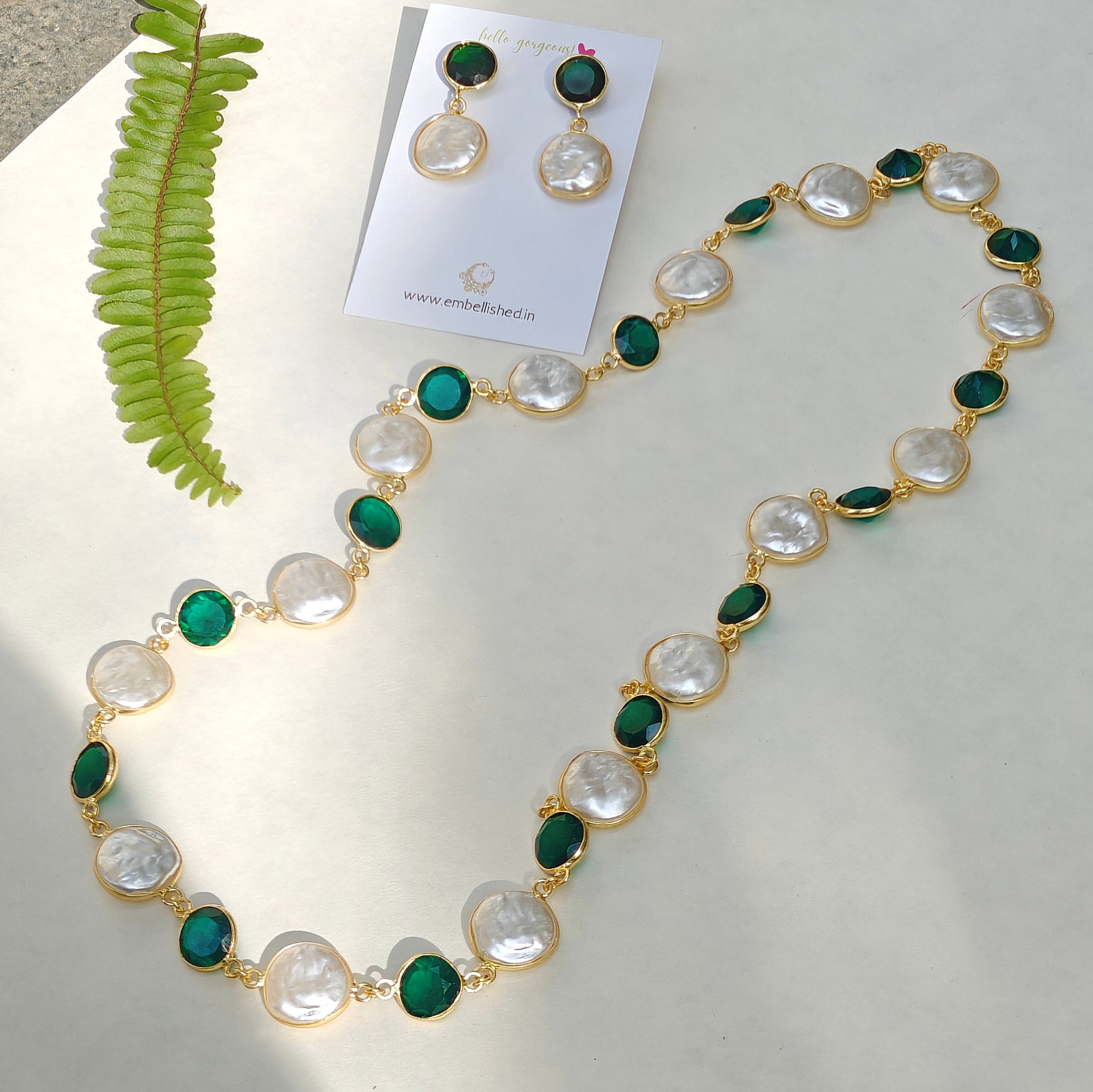 Emerald beads and Coin Pearls Lariat necklace set