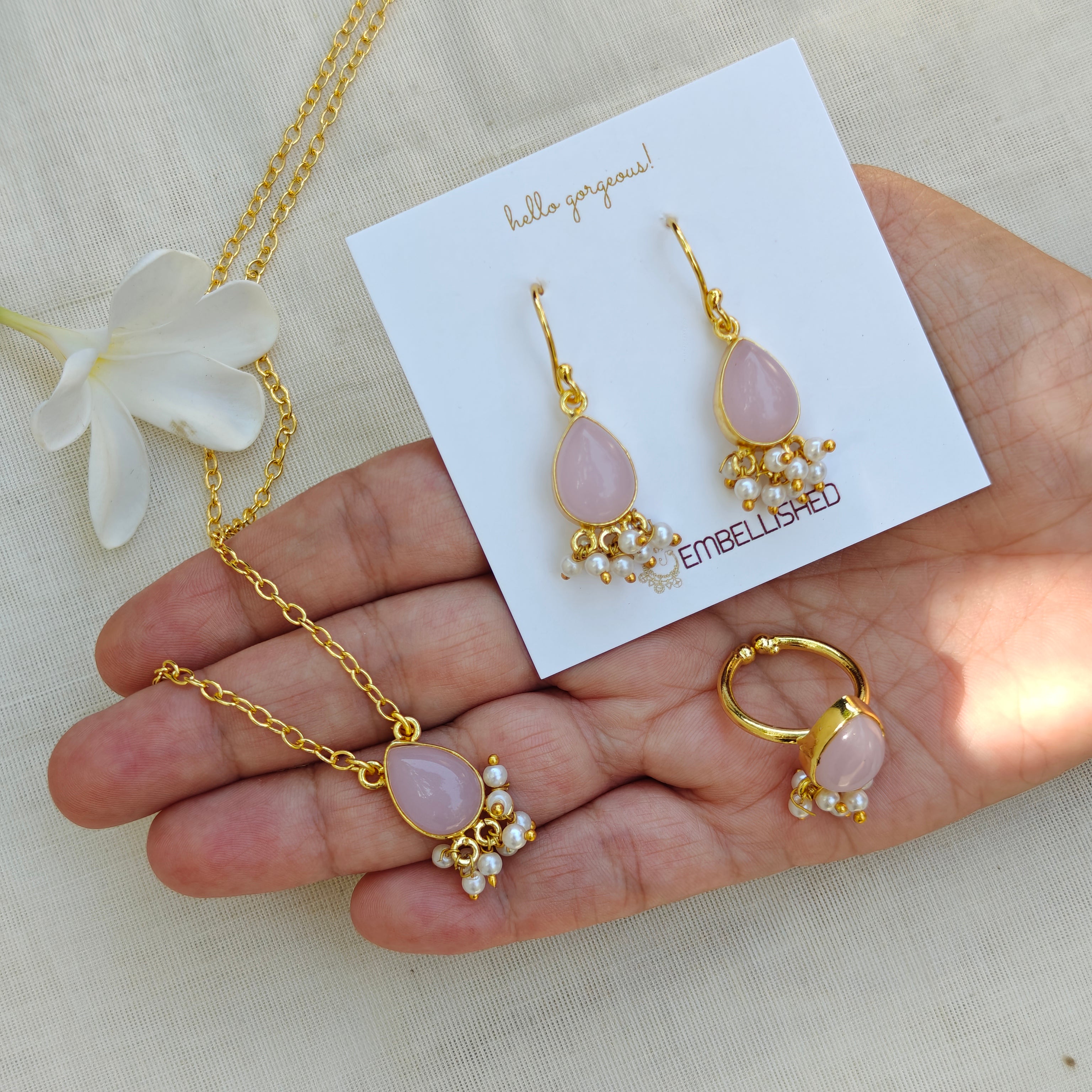 Dewdrop Gemstone Set with Seed Pearl Fringe