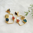Raw Stone & Gold Hammered Rectangular Drop Earrings