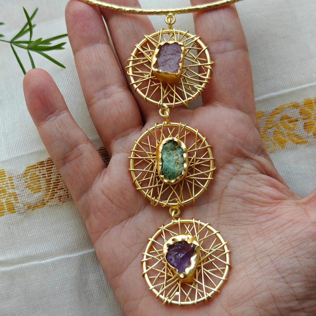 Aurora raw stones wire wrapped hasli set