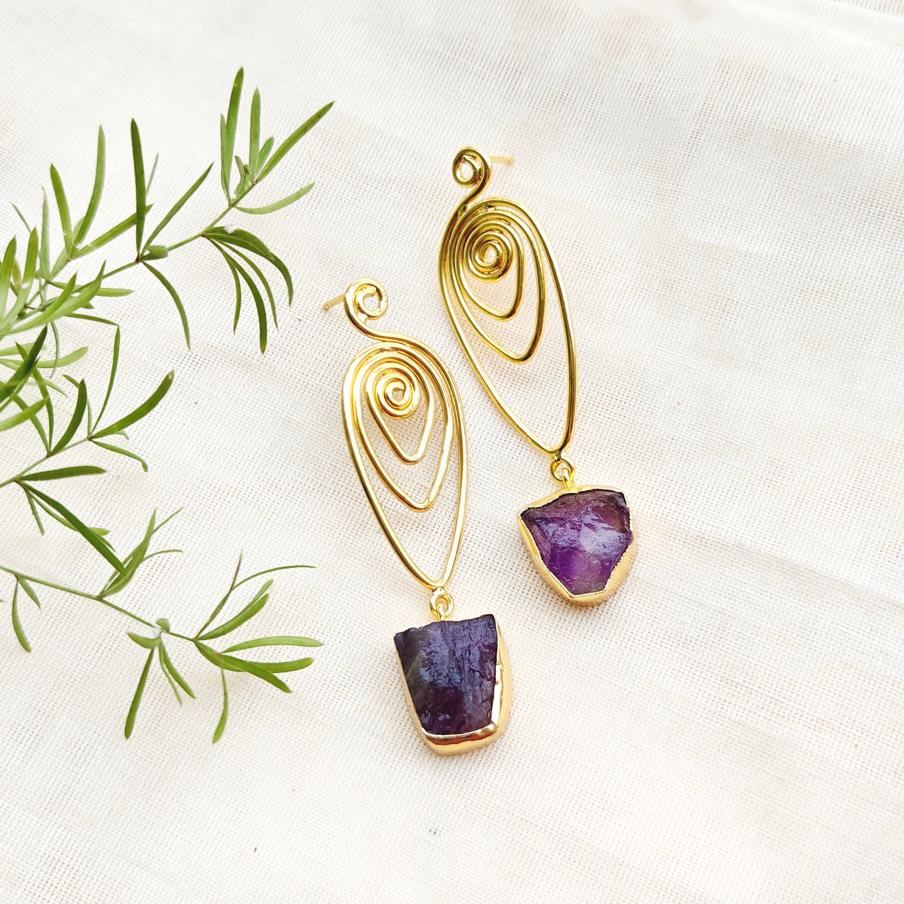 Raw Amethyst Spiral Drop Earrings
