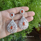 92.5 Sterling Silver Crystal Polki large dewdrop chandeliers - Silver, Orange