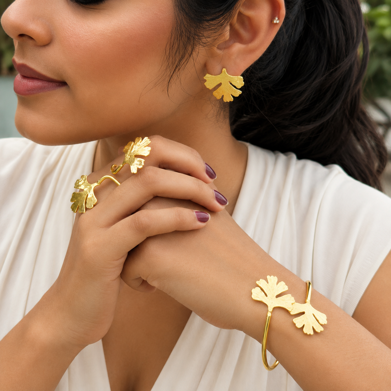 Textured Leaf Bangle, Earrings and Statement Ring Set