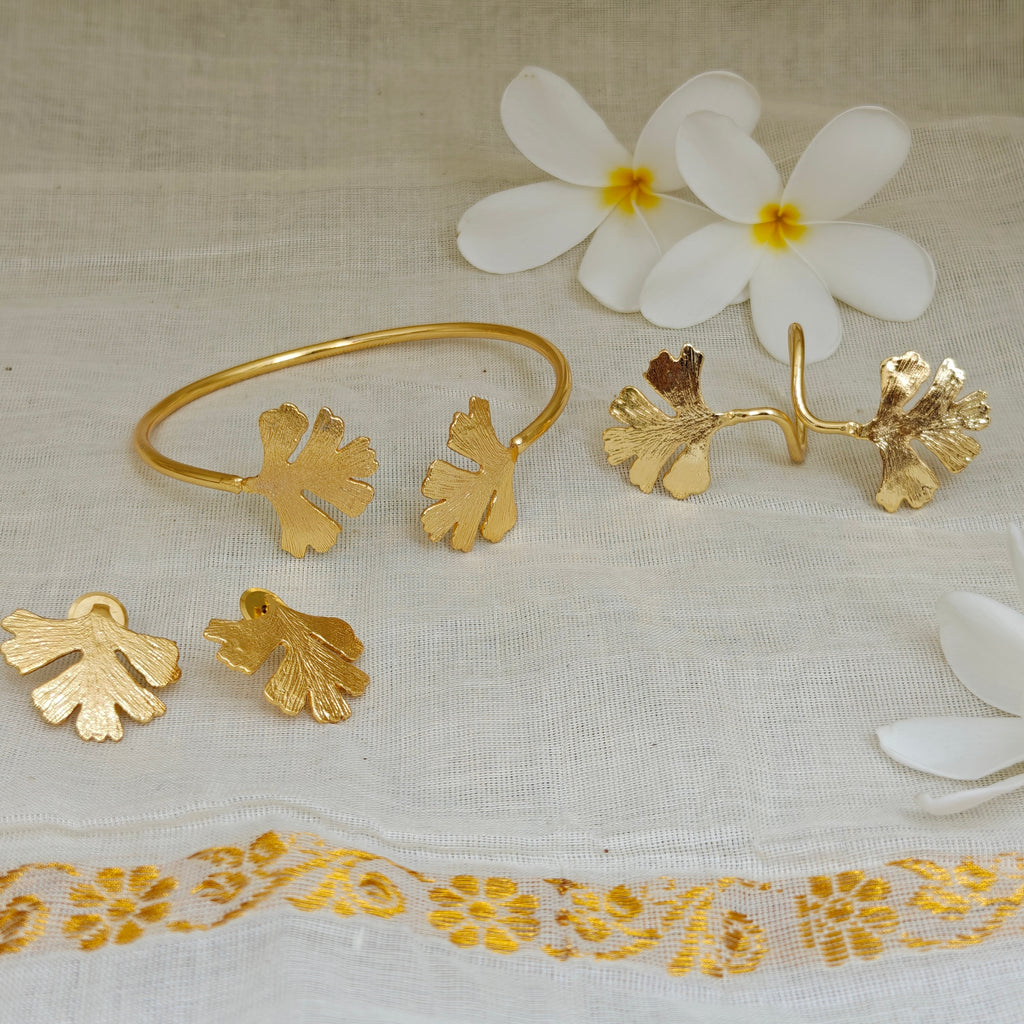 Textured Leaf Bangle, Earrings and Statement Ring Set
