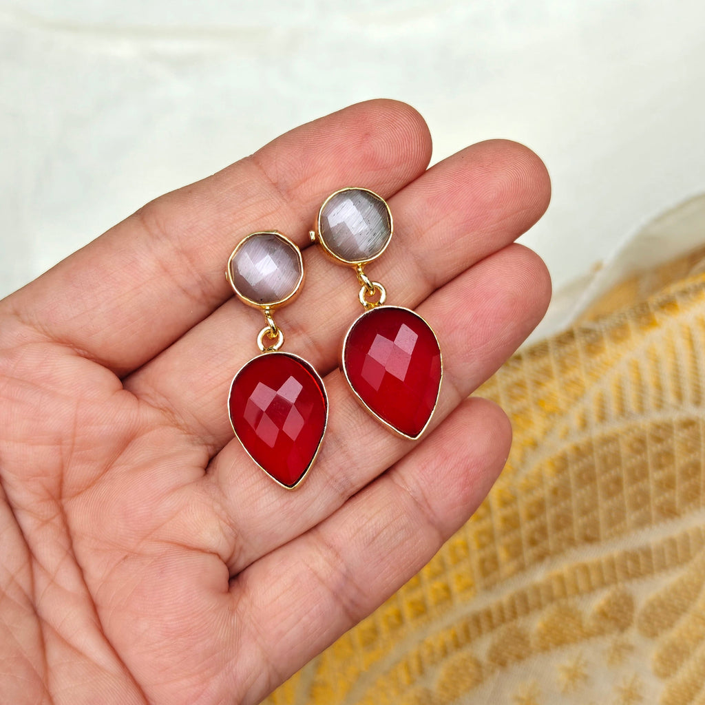 Two Stones Drop Earrings - gray red
